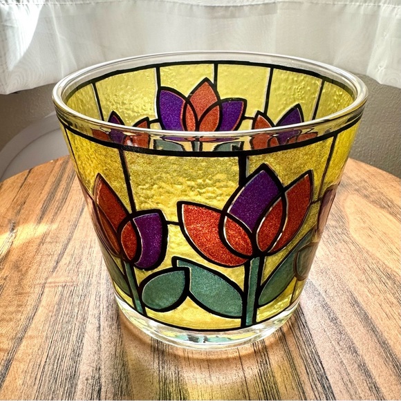 Vintage MCM West Virginia Tulip Design Faux Stained Glass Ice Bucket / Planter - Picture 3 of 9